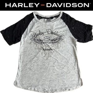 🏍️ Harley-Davidson® Women's Lace Accent Elbow Tee Off-White/Black Lace Size XL